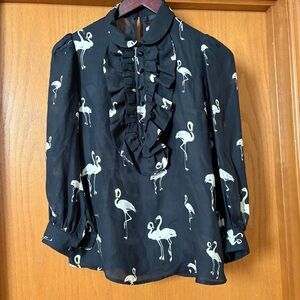 Roberto Cavalli Ruffled 3/4 Sleeve Flamingo Print Blouse, 100% silk, NWOT s